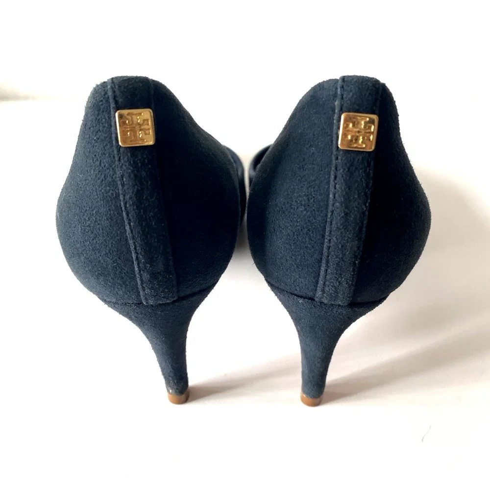 Tory Burch Ivy Low Heel Suede Pump Navy Point Toe Logo Heel Slip On 6 M